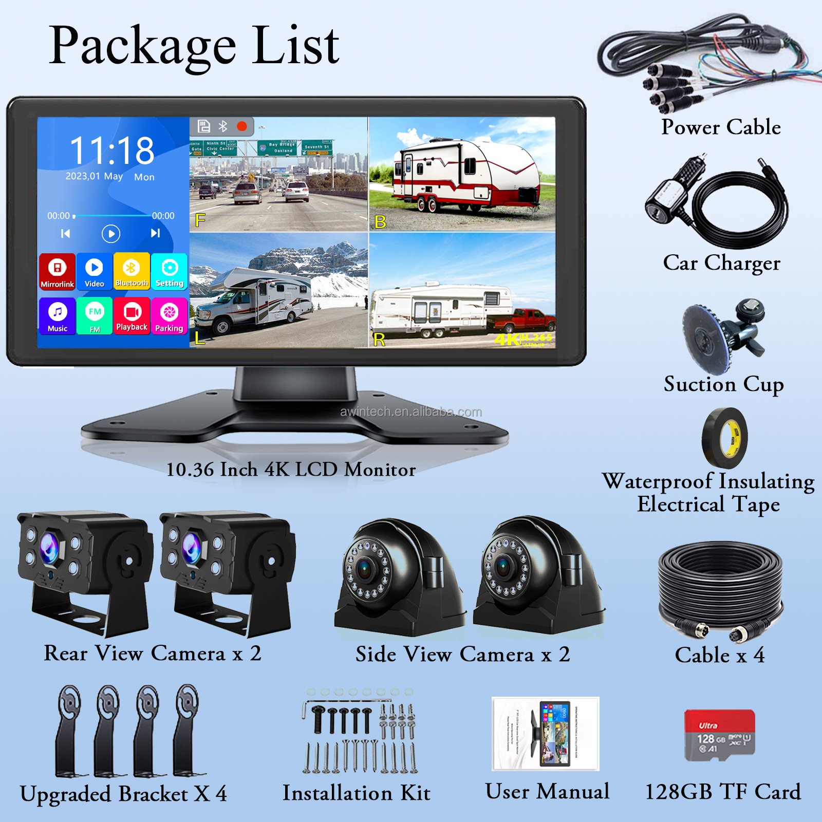 10.36 Inches 4CH Full HD 1080P AHD Loop Video Recorder Car Touch Screen 4 Channel Bluetooth MP5 Mobile DVR for Vehicle Truck RV