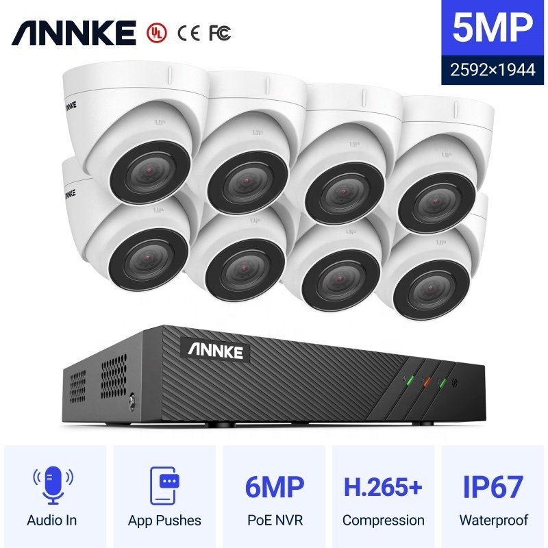 ANNKE 8CH H.265+ 5MP PoE NVR Security Camera System 8pcs IP67 Outdoor Weatherproof Audio CCTV Surveillance System