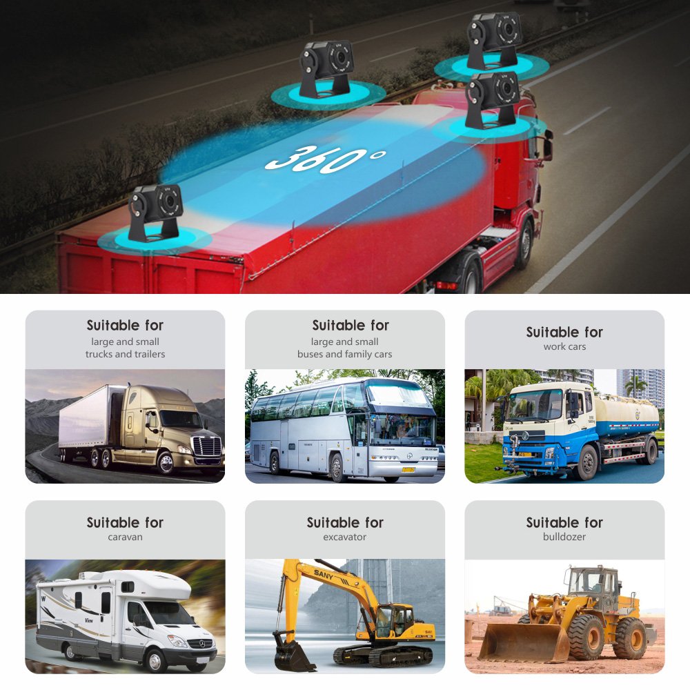 Waterproof Night Vision Camera LCD Display Monitors DVR Video Recorder Surveillance System Car CCTV 360 Dashcam For Truck Bus RV