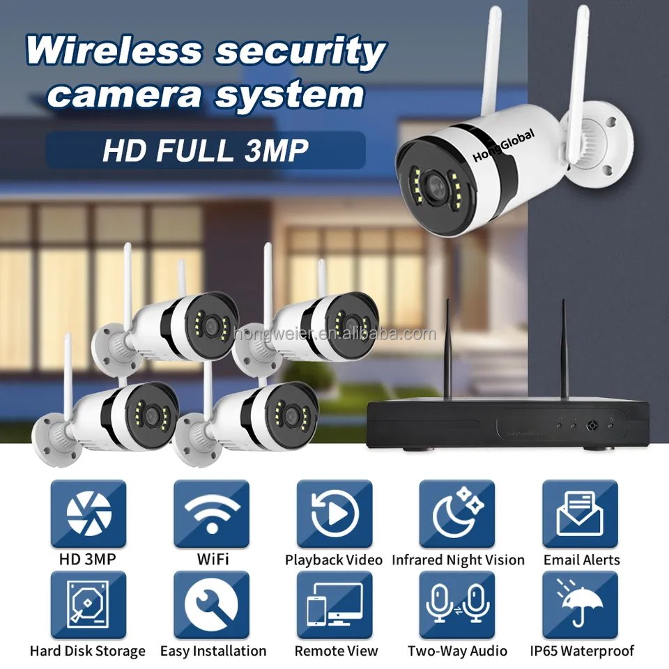 HongGlobal 3MP Video Wireless 4CH IP CCTV Home Security NVR Camera Set Kit Surveillance System WiFi Wireless CCTV Camera System