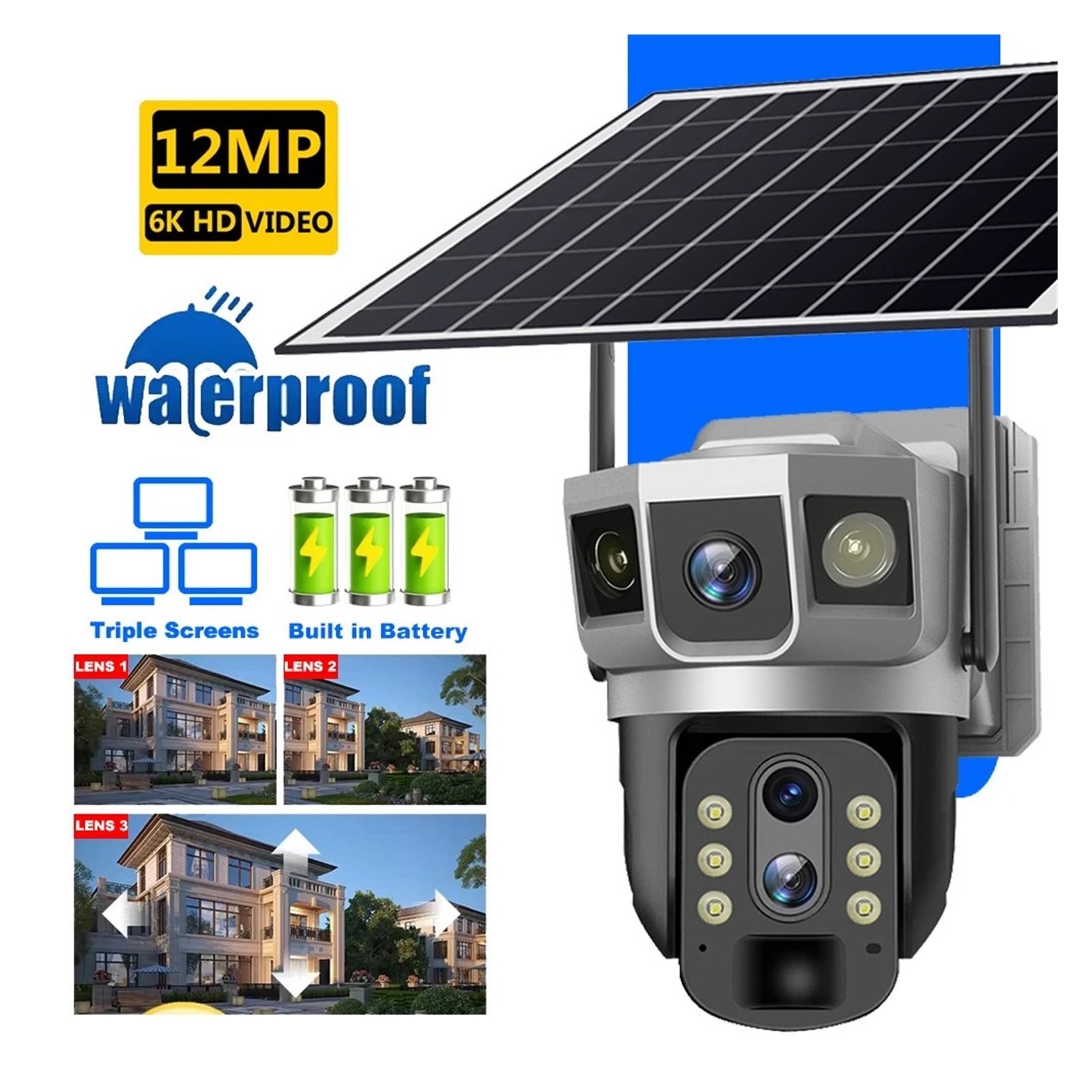Senhuo 12MP 3 lens 4G Solar outdoor waterproof PTZ IP CCTV video HD Smart Home Security 360 surveillance camera