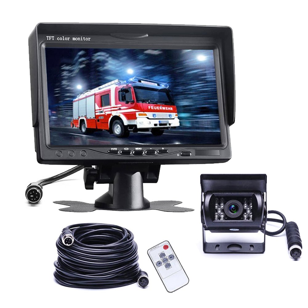 Vehicle Backup Rear View Car Camera system HD Rear Camera 7" IPS 2CH Monitor with 4 Pin 15m Cable for Trailer RV Camper Truck