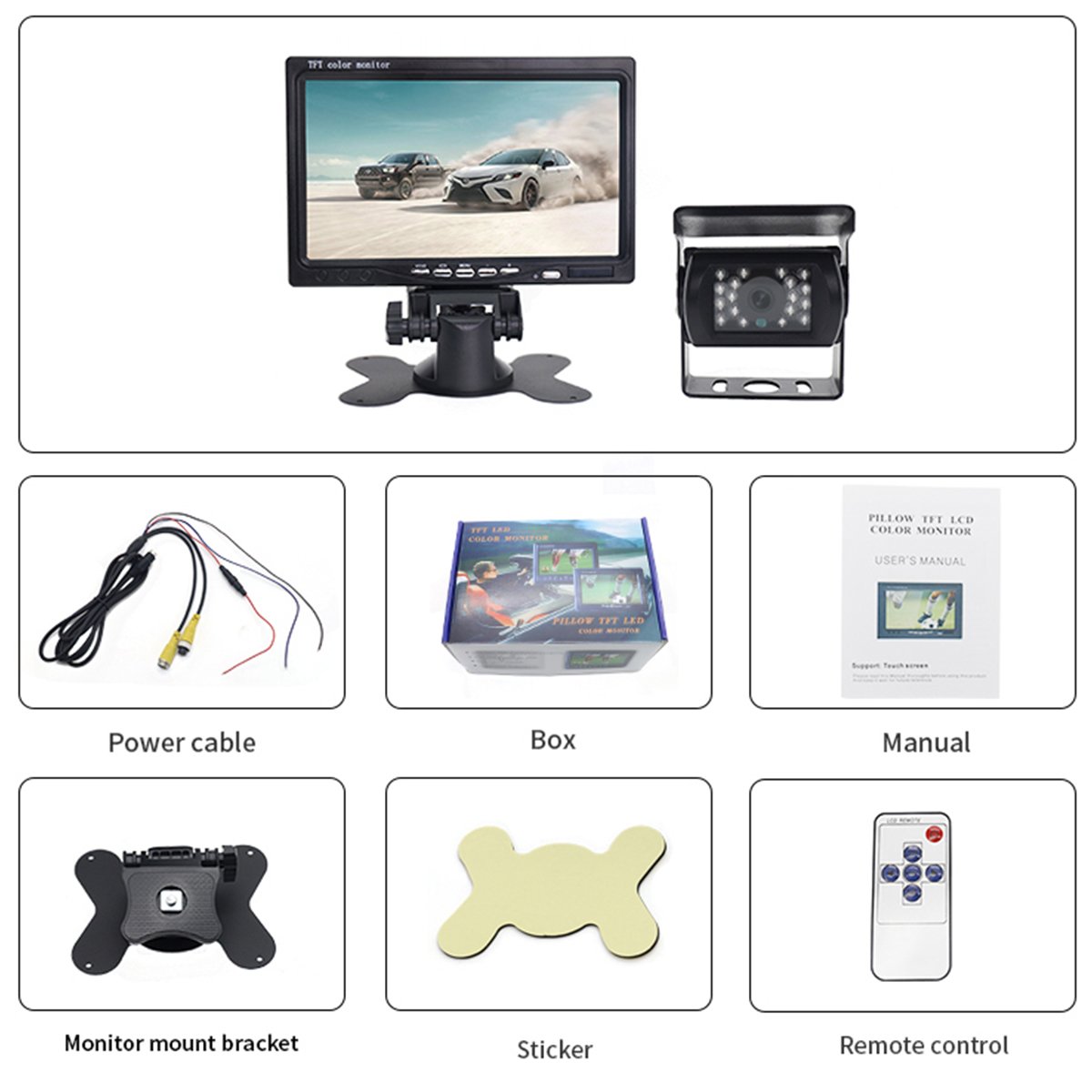 Vehicle Backup Rear View Car Camera system HD Rear Camera 7" IPS 2CH Monitor with 4 Pin 15m Cable for Trailer RV Camper Truck