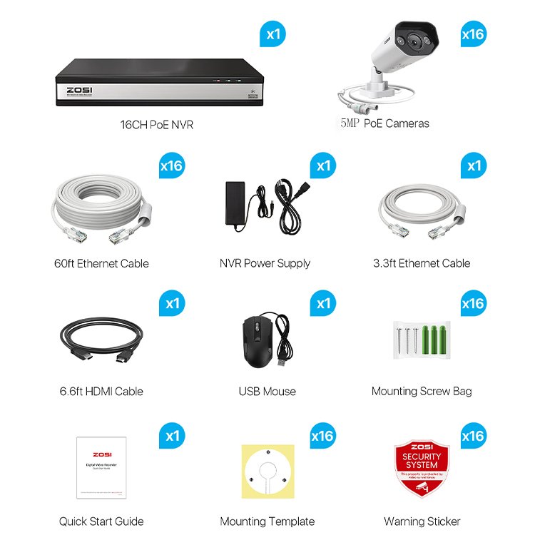 16ch H.265+ Poe Nvr Security Camera System 16pcs 5mp Outdoor Surveillance Cctv Cameras