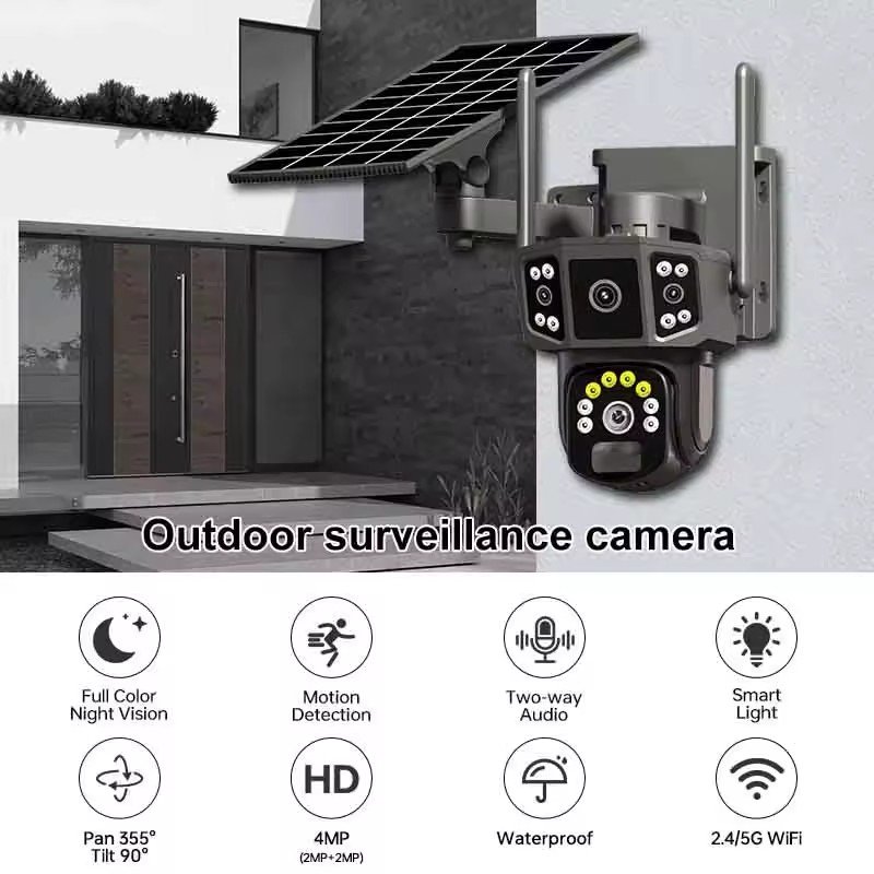 Newest outdoor HD Dual Lens Triple Screen WiFi Solar Camera Full Color Night Vision Motion Detection 4g Sim Card Cctv Camera