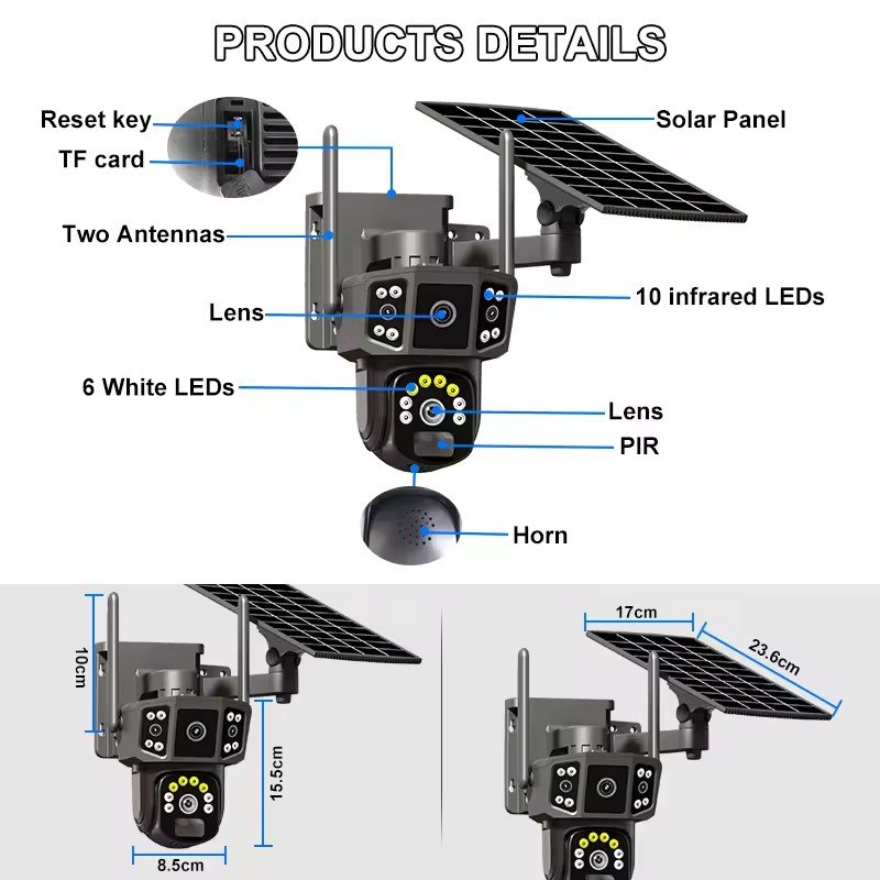 Newest outdoor HD Dual Lens Triple Screen WiFi Solar Camera Full Color Night Vision Motion Detection 4g Sim Card Cctv Camera
