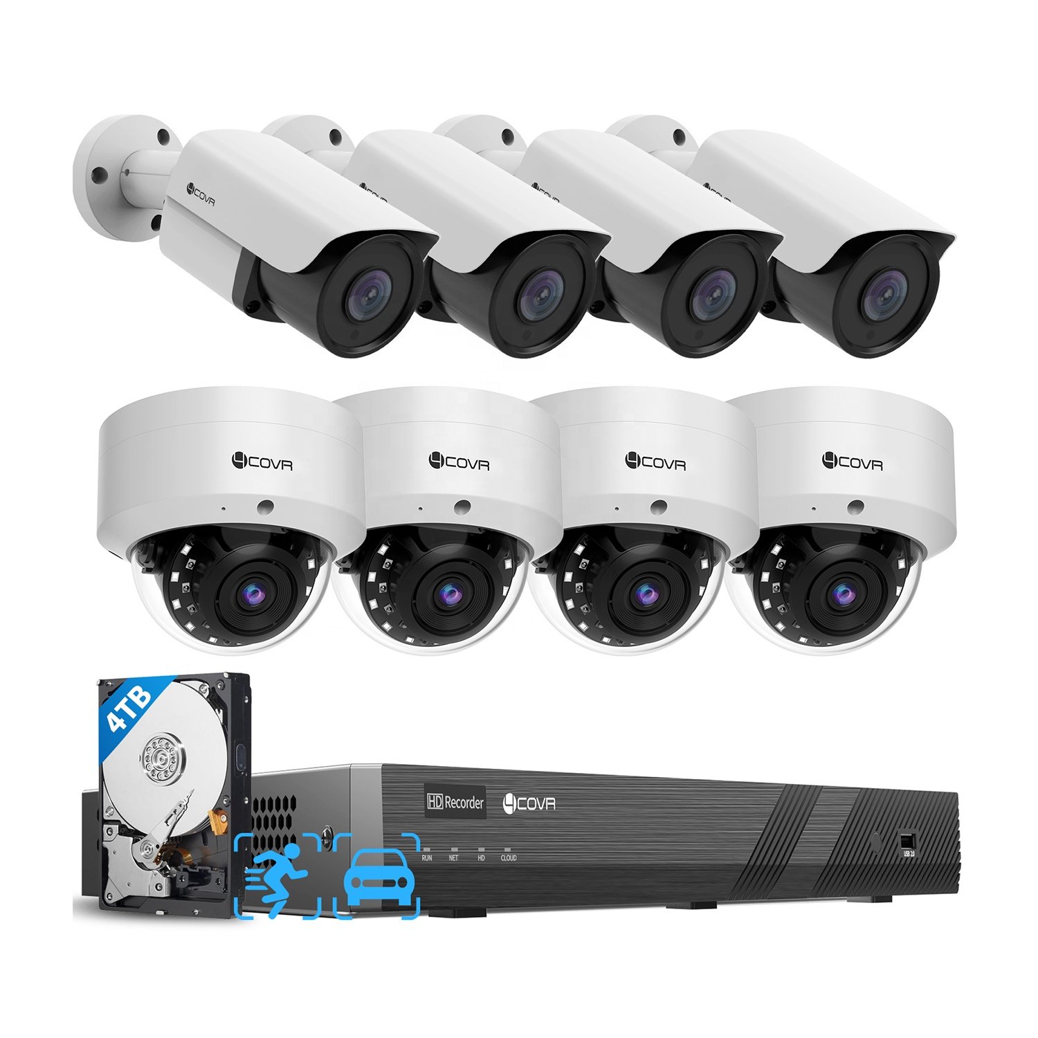 8Pcs 8Mp Outdoor IP67 Dome Bullet Audio AI Human Detection Night Vision cctv 8 surveillance poe 4k camera system security