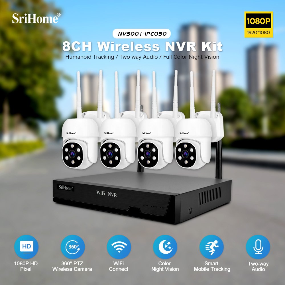 SriHome Hot Selling NVS001+8*IPC030 WiFi NVR kit CCTV Surveillance Outdoor Smart 4/8 channel kit Security Camera System