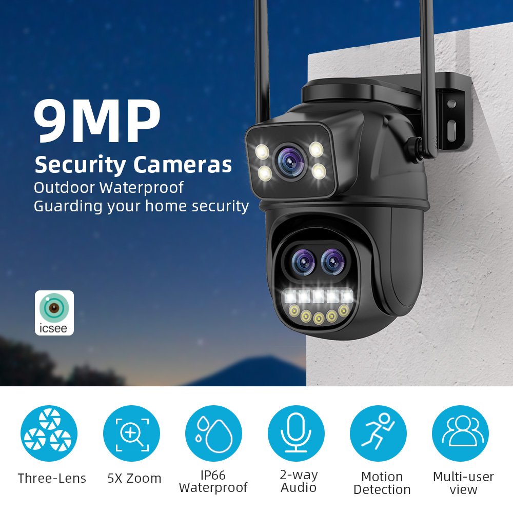 ICsee 9MP Wifi PTZ IP Security Camera Kit 8x Zoom 4CH Wireless NVR Outdoor Color Night Vision CCTV Video Surveillance Kit 4CH