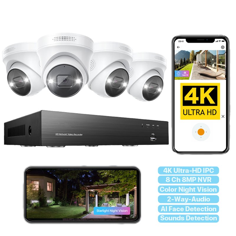 Hot Sale Outdoor PoE 8MP 8 Ch Security Camera System AI Human Motion Detection Color Night Vision Surveillance Camera System
