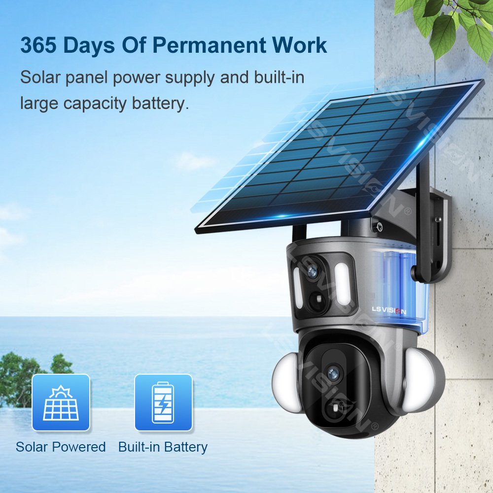 LS VISION 2023 New 4G Sim Card Outdoor Security Aurora Series Dual Lens PTZ Solar Camera with Street Light