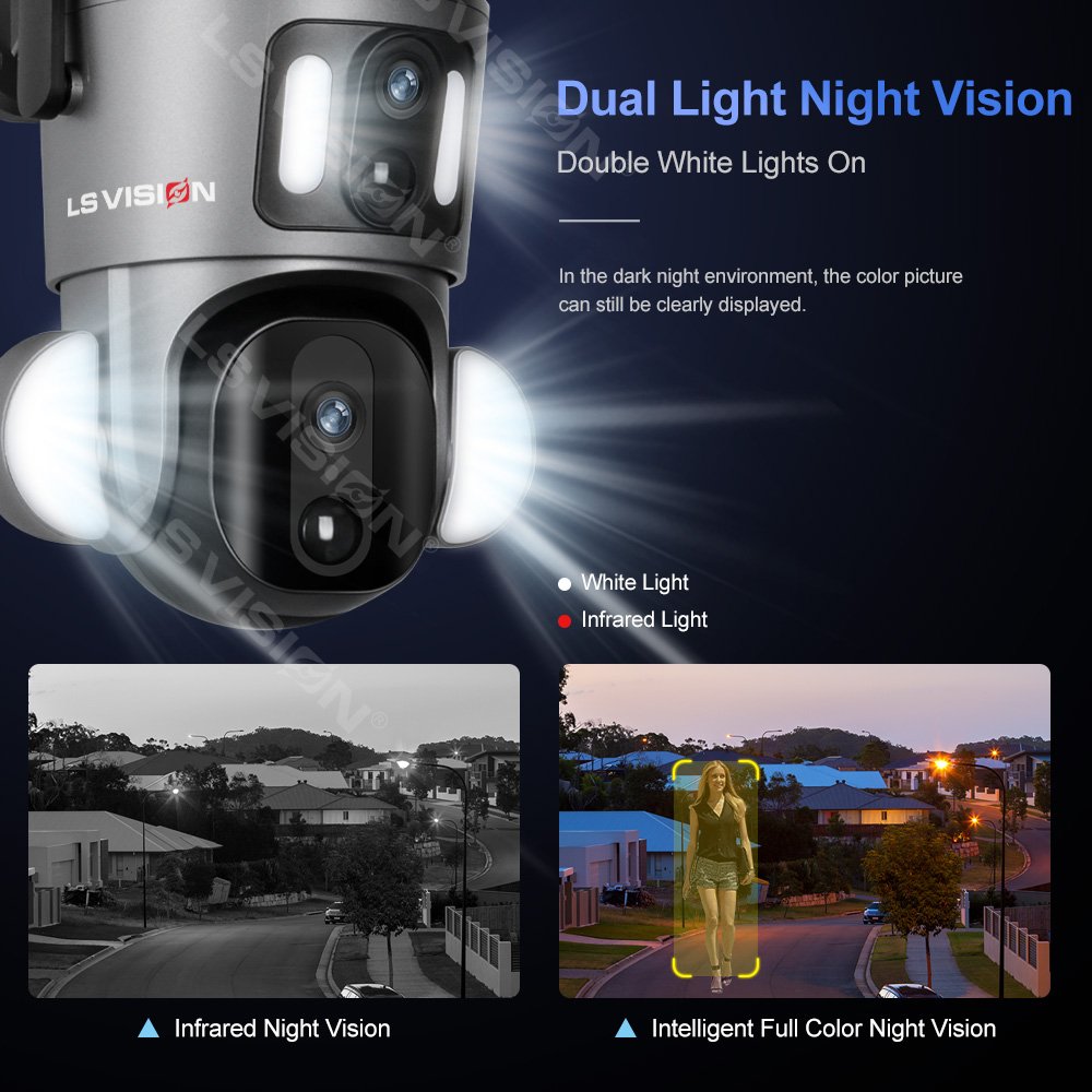 LS VISION 2023 New 4G Sim Card Outdoor Security Aurora Series Dual Lens PTZ Solar Camera with Street Light