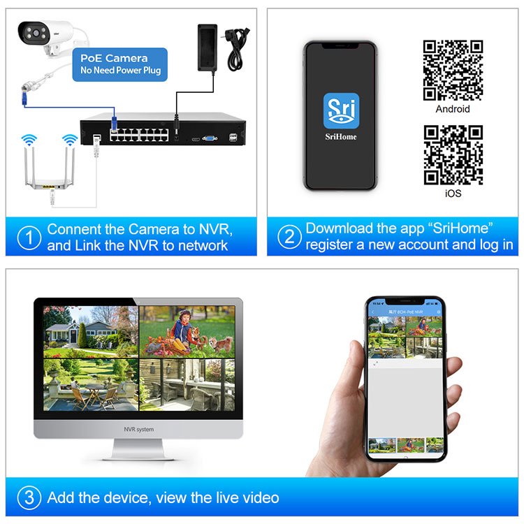 2024 Hot Sale SriHome NVS006+16*SH037B 5MP Motion Detection POE Cameras 4MP IP Camera CCTV Mobile Phones Surveillance Systems
