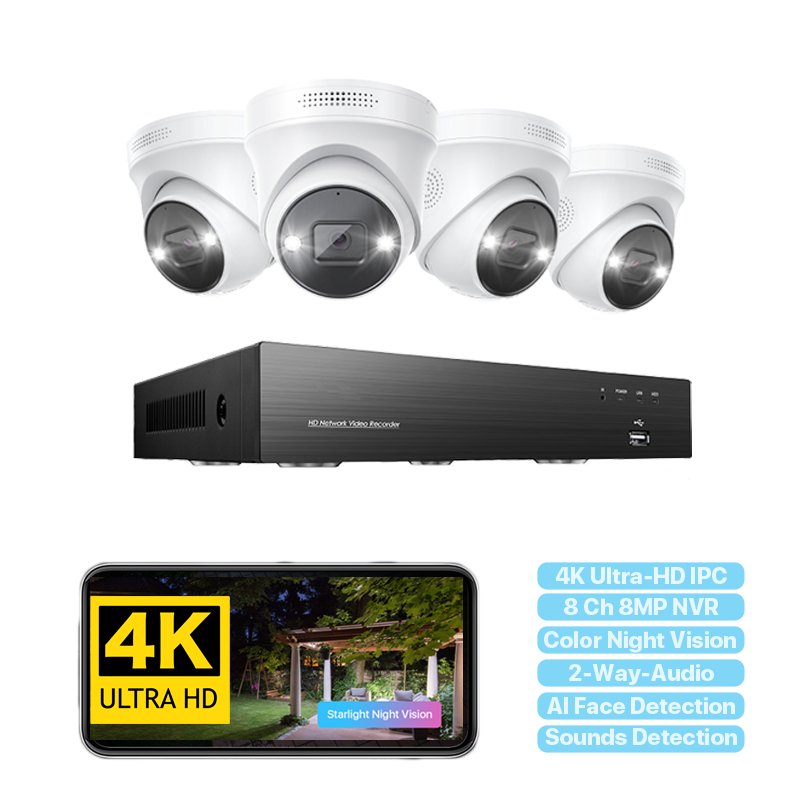 Hot Sale Outdoor 8 Channel PoE 4K Security System AI Technology Video AI Human Detection Two-Way Audio IP Camera System