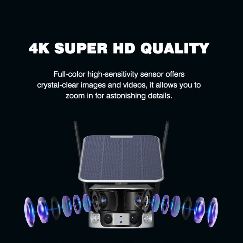 Dual lens Ultra Wide Angle Full Color 4K Solar panel Power Outdoor Lte 4g Sim Card Surveillance Security CCTV Solar Camera