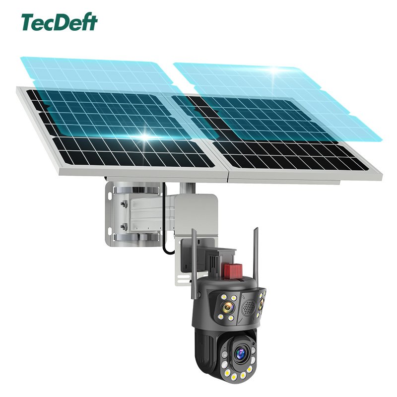TecDeft Solar Powered Panels4G Sim Card Surveillance Wireless Three eyes Security Network Cctv System solar security camera 4g