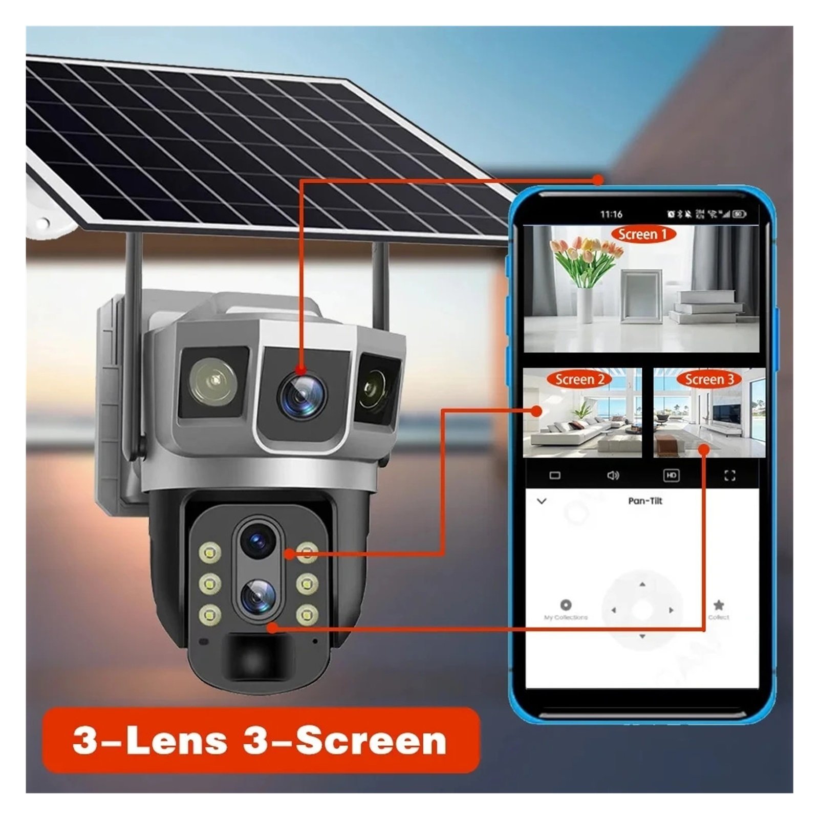 Senhuo 4G SIM Solar Camera 12MP 3 Lens Built-in Battery Waterproof Outdoor 6K Night Vision Smart Home Security Protection