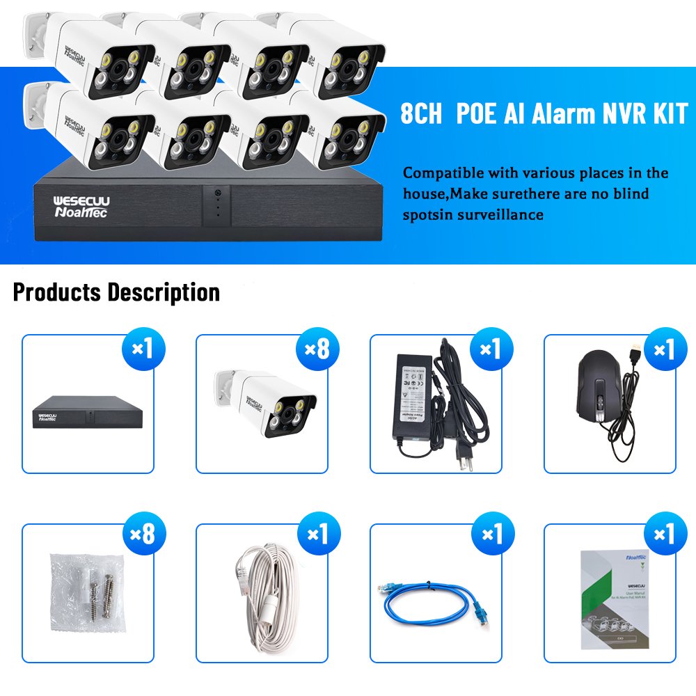 WESECUU security camera system manufacturer 4K 8ch POE NVR kits 8MP HD AI human outdoor ip camera kit security camara price
