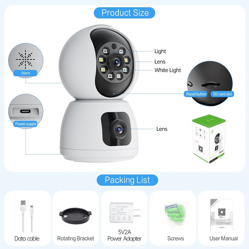 L 4MP PTZ Camera Dual Lens IP WIFI Smart Home Security Wireless Surveillance Camera Two-way Audio Baby Pet Monitor Care Cam Pro