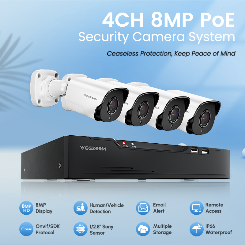 4K Ultra HD WDR 4ch poe IP surveillance system AI human &vehicle detection 8MP nvr kit IP bullet cctv security camera syst