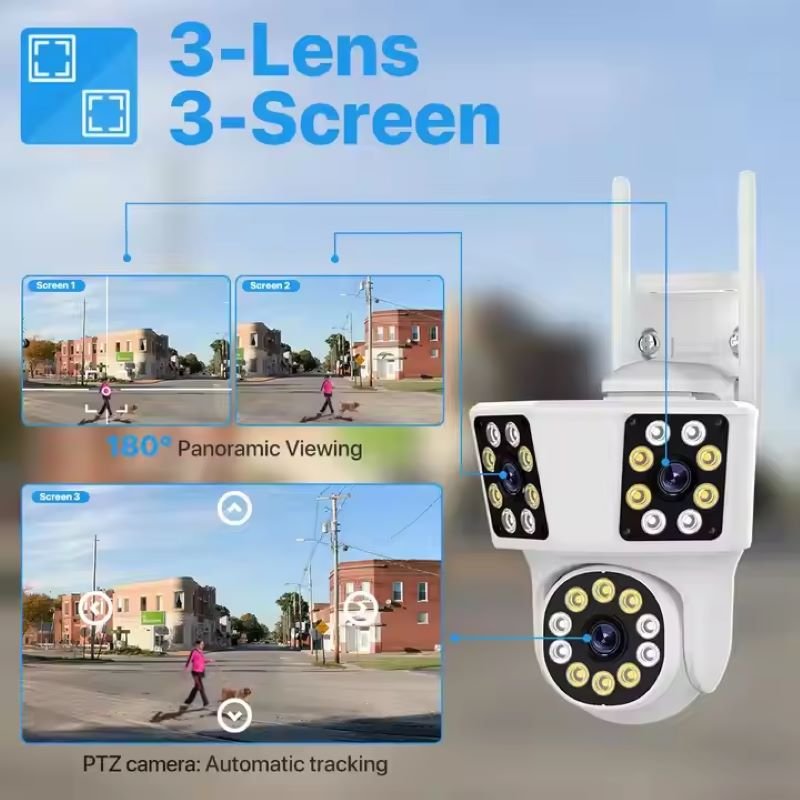 Wifi Outdoor 3 lens 3 screen motion tracking PTZ video surveillance camera Dual lens waterproof security IP camera system