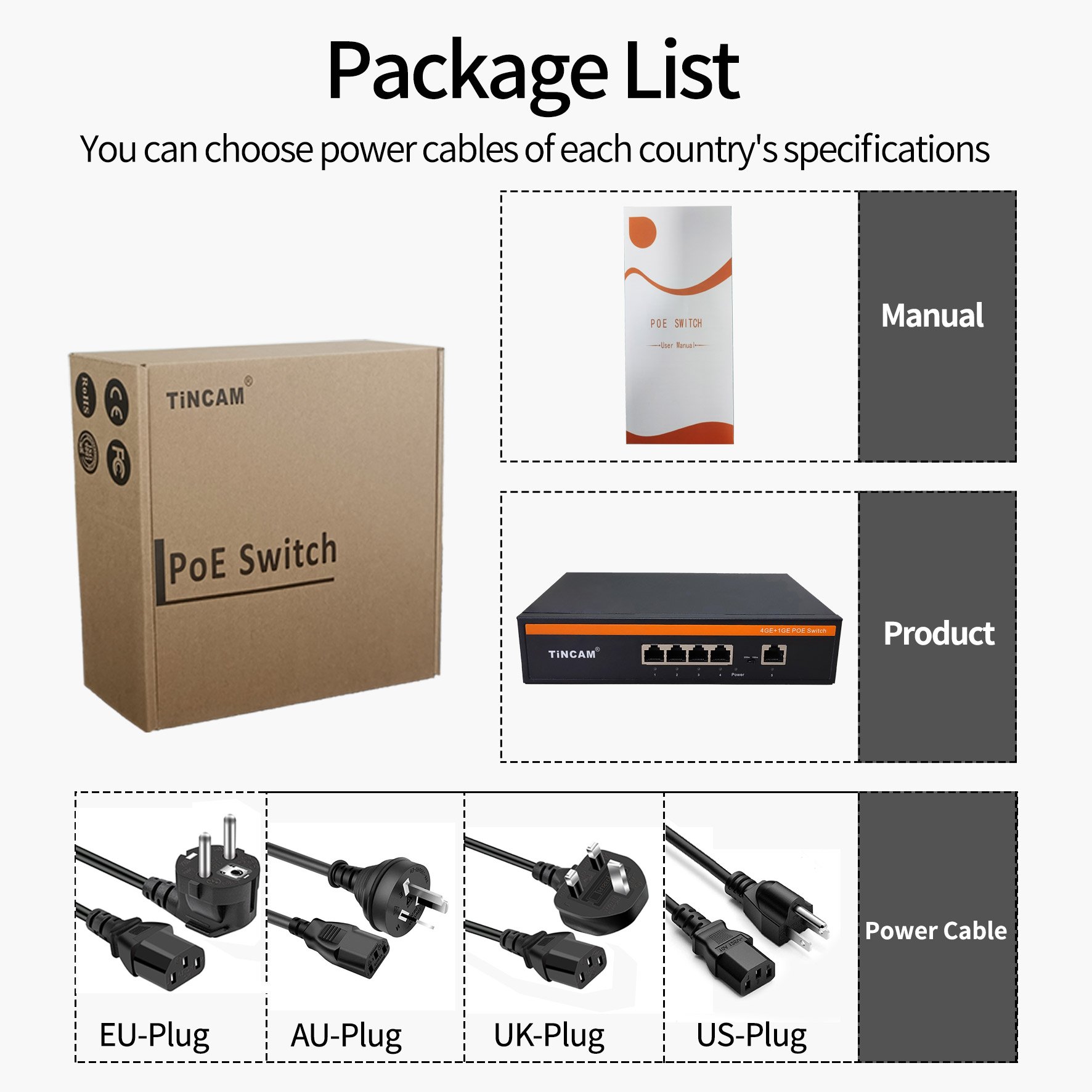 TiNCAM 4 Port Gigabit POE Switch 10/100/1000Mbps 48V Active Network Switch For IP Camera Ethernet Supply Security CCTV Camera