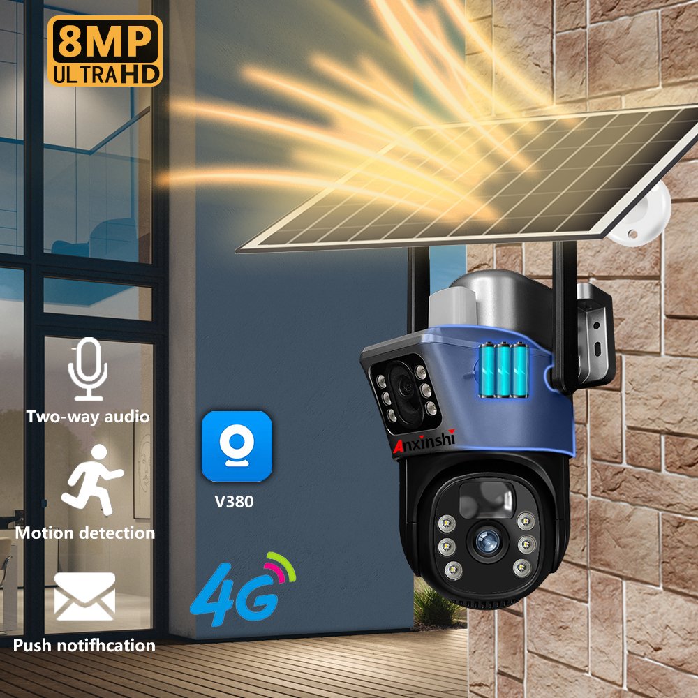 8MP 4G Dual Lens Dual Screen Battery CCTV Motion Detection Human Automatic Tracking Surveillance Camera Wireless Solar Camera