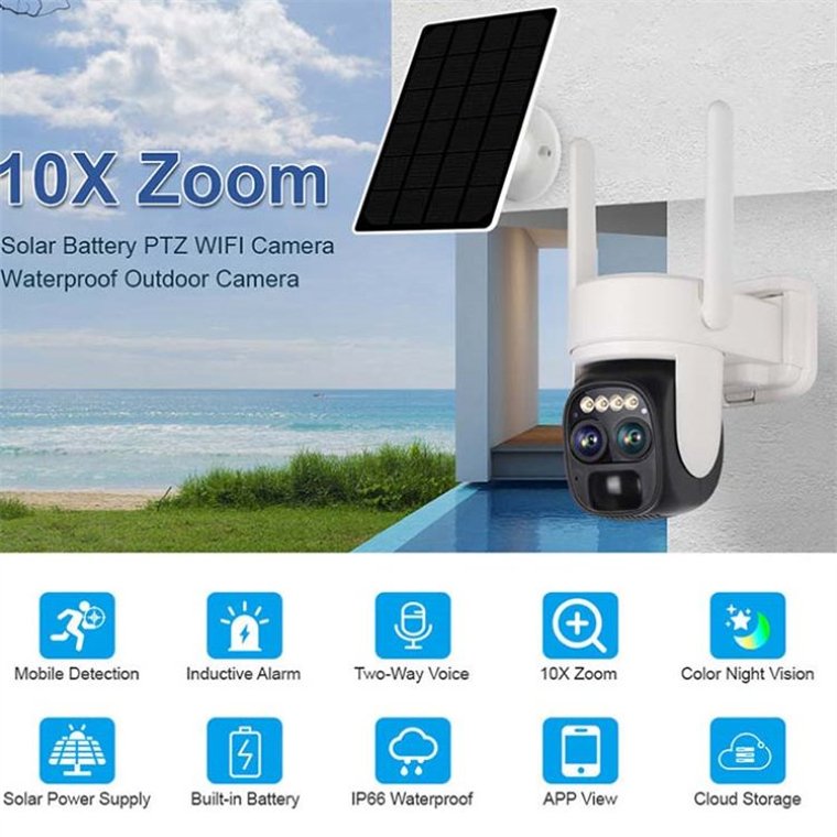 Rscamtom 3K Dual Lens Camera for Outdoor Surveillance 10x Zooming Solar Wireless Wifi Camera for Solar Power Surveillance