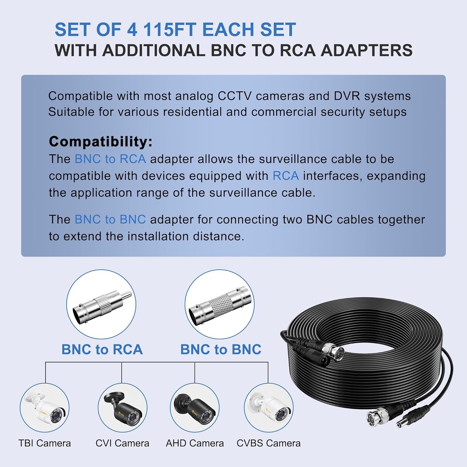 4PK 115Ft Security Camera Cable All-in-One HD Video Power Cable CCTV Cable for DVR Surveillance Camera Monitor TV with