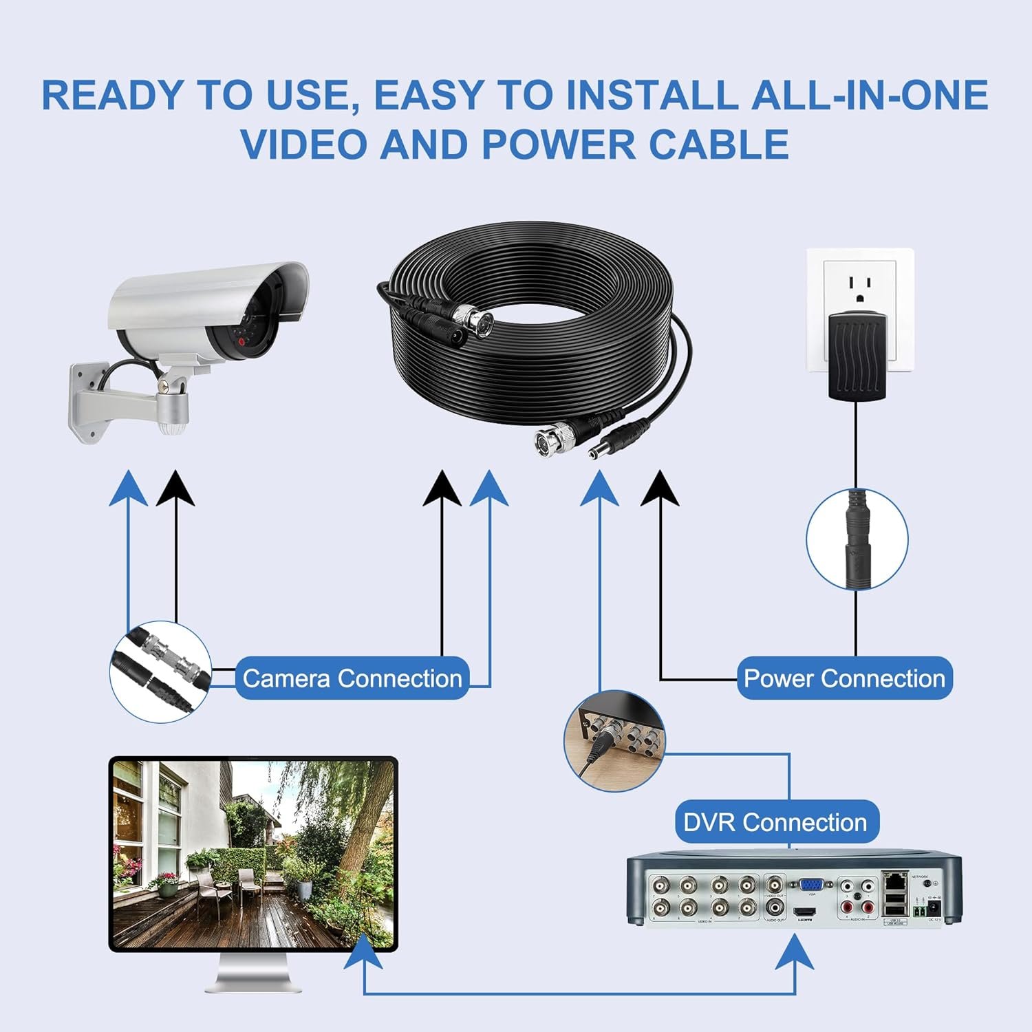 4PK 115Ft Security Camera Cable All-in-One HD Video Power Cable CCTV Cable for DVR Surveillance Camera Monitor TV with