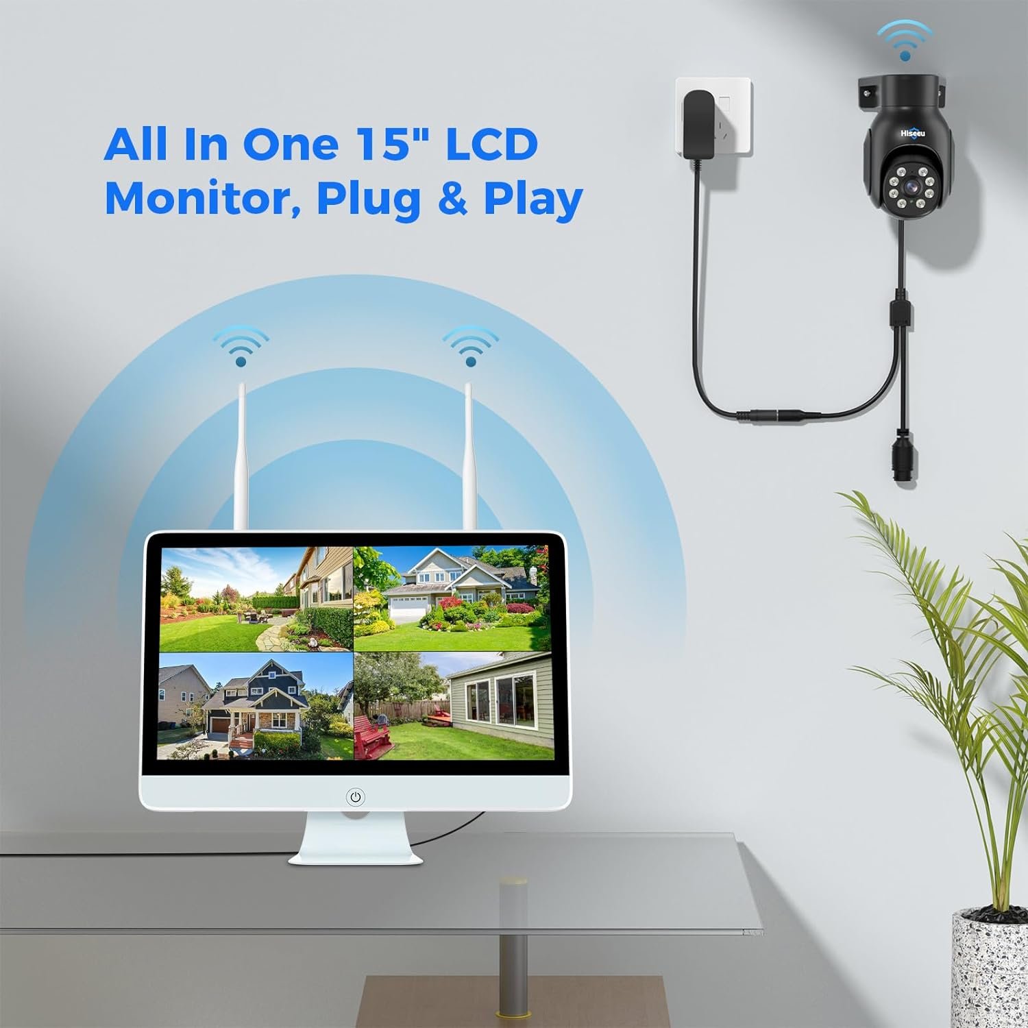 Wireless Security Camera System,All-in-One with 15" LCD Monitor 10CH NVR 4PCS 5MP PTZ Outdoor Camera, 2-Way Audio