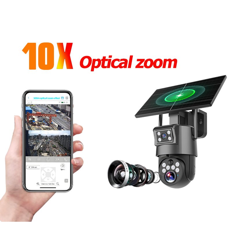 Ubox 10X optical zoom solar 4g sim card camera 8W solar panel 6MP CCTV ptz color night vision camera dual lens motion detection
