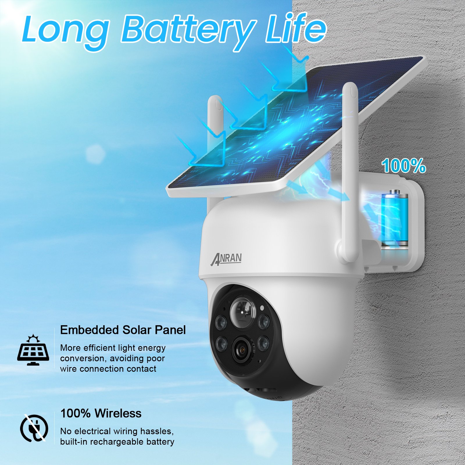 Anran Newest 4MP Embedded Solar Panel Wireless 360 degree Spotlight PIR Detection APP Alert WiFi PTZ Camera Security