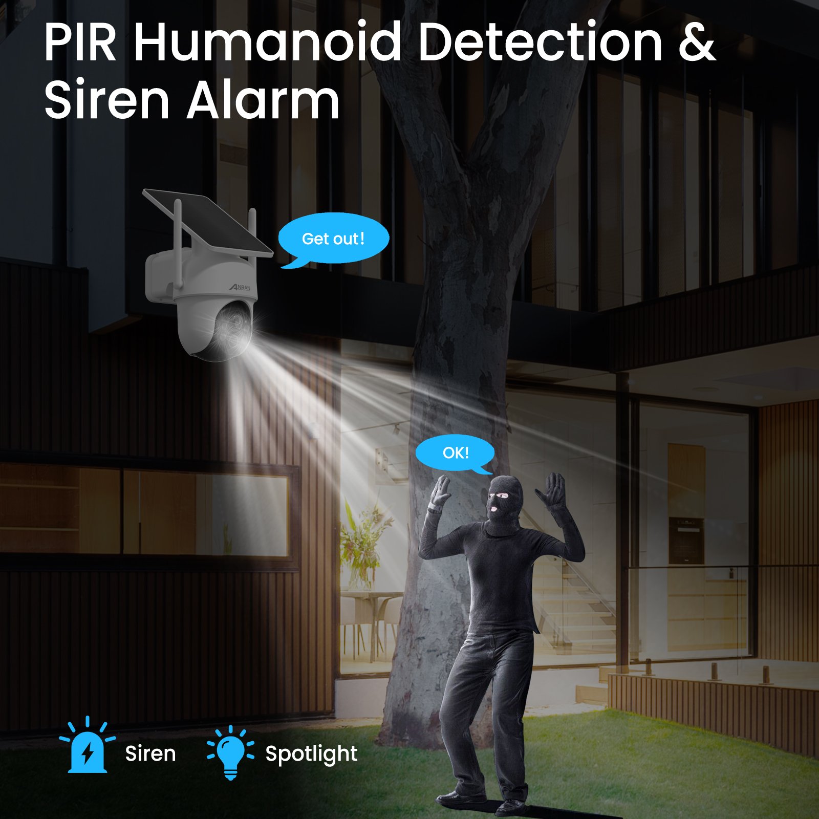 Anran Newest 4MP Embedded Solar Panel Wireless 360 degree Spotlight PIR Detection APP Alert WiFi PTZ Camera Security