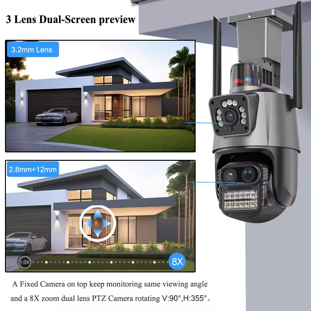 A26 9MP Security Camera WiFi Outdoor Three Lens Dual Screen 8X Zoom CCTV Camera Home Security Surveillance ICsee NVR Bluetooth