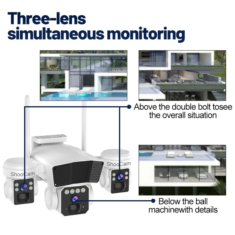 12mp Solar 4g/Wifi Camera 3lens 3Screen Home Wireless Security Network Outdoor Solar Cctv Camera 4g Sim Card
