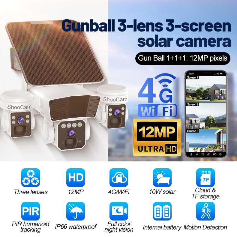 12mp Solar 4g/Wifi Camera 3lens 3Screen Home Wireless Security Network Outdoor Solar Cctv Camera 4g Sim Card