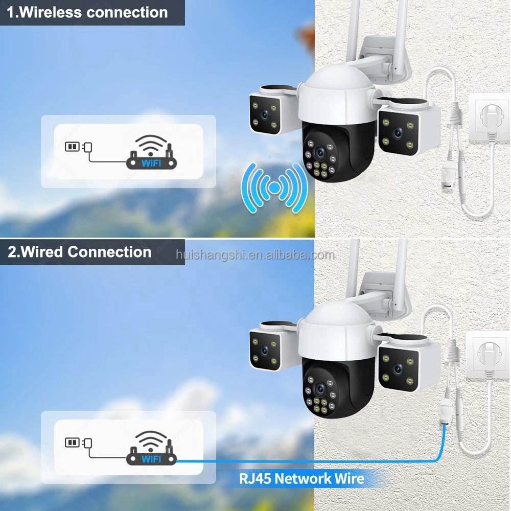 6k Three Lens Outdoor Wifi Surveillance Camera 4g Sim Card Two-Way Audio Ptz 360 Push Alarm Cctv Security Camera 12mp V380