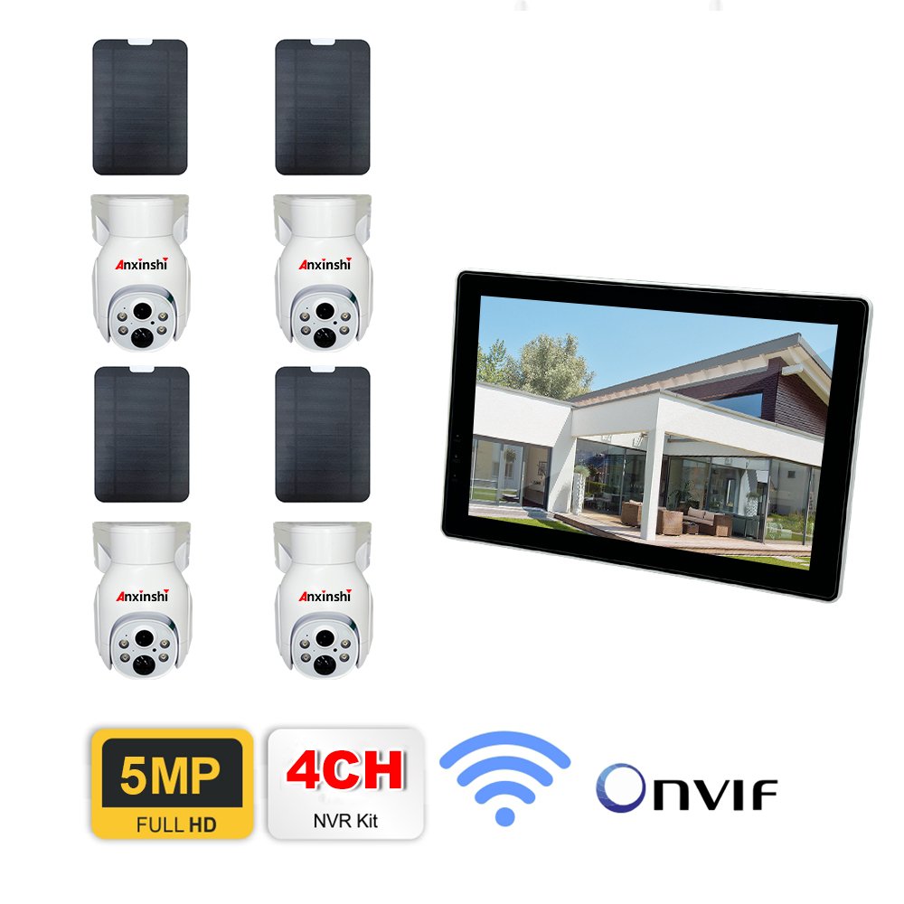 Anxinshi LCD 5MP outdoors WIFI full color night vision NVR Kit Security Surveillance Solar Ptz Wireless Cctv Camera System