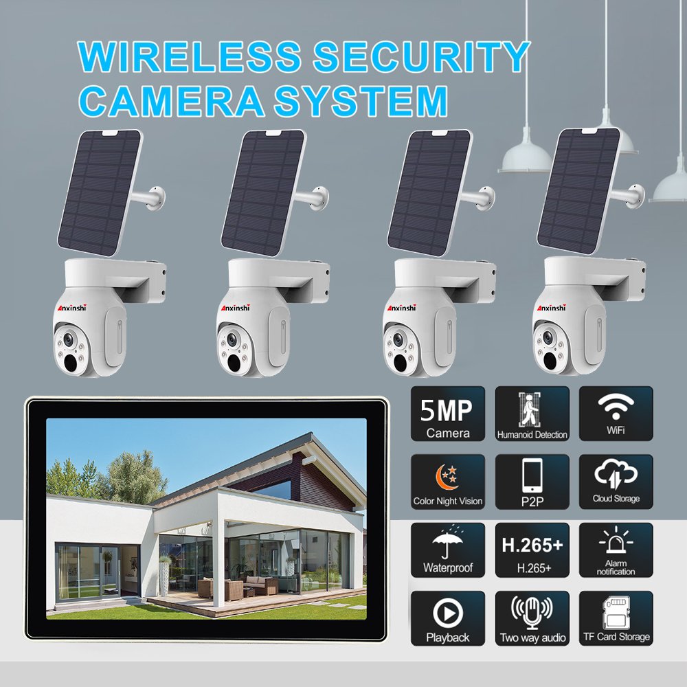 Anxinshi LCD 5MP outdoors WIFI full color night vision NVR Kit Security Surveillance Solar Ptz Wireless Cctv Camera System
