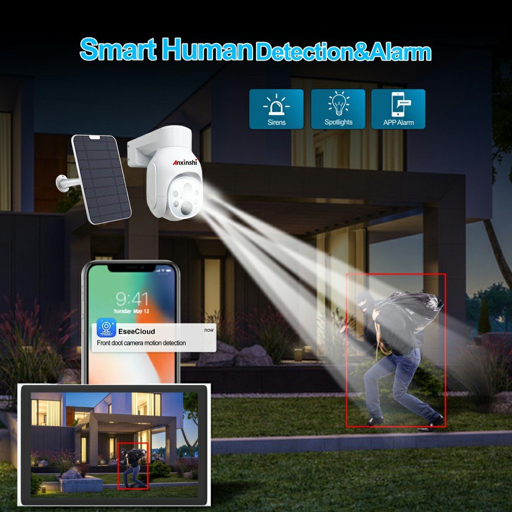 Anxinshi LCD 5MP outdoors WIFI full color night vision NVR Kit Security Surveillance Solar Ptz Wireless Cctv Camera System
