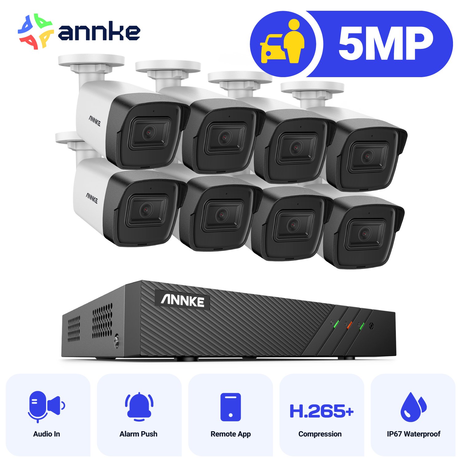 ANNKE 8pcs 5mp POE IP Cameras Outdoor System With 1-Way Audio H.265+ 8CH PoE NVR Camera System with 4TB HDD