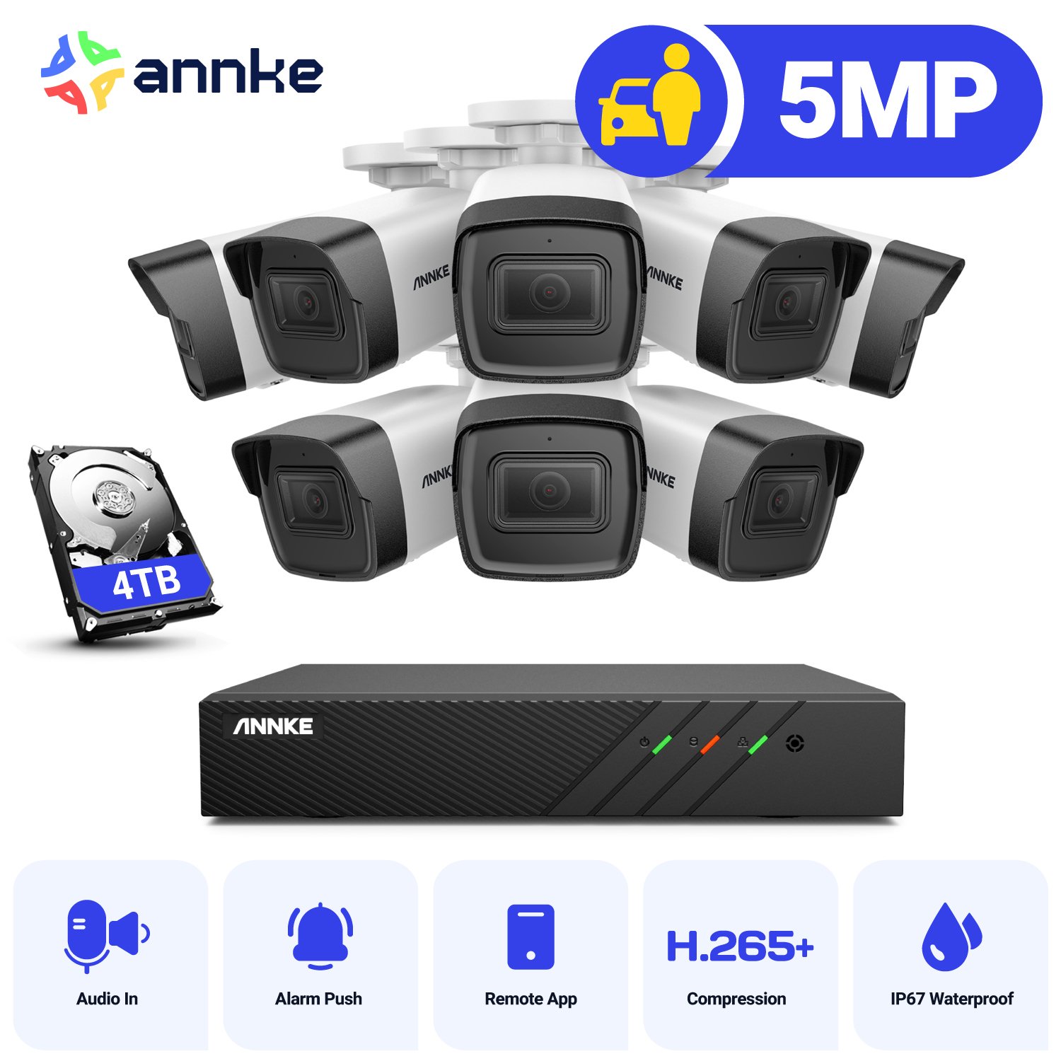 ANNKE 8pcs 5mp POE IP Cameras Outdoor System With 1-Way Audio H.265+ 8CH PoE NVR Camera System with 4TB HDD