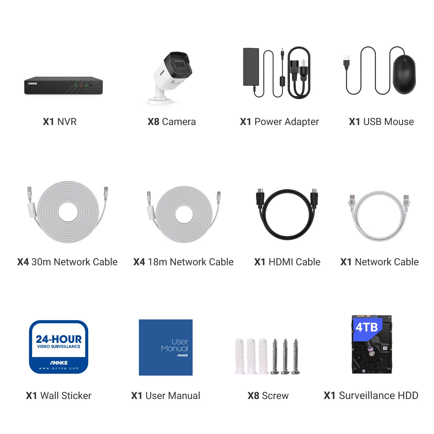 ANNKE 8pcs 5mp POE IP Cameras Outdoor System With 1-Way Audio H.265+ 8CH PoE NVR Camera System with 4TB HDD