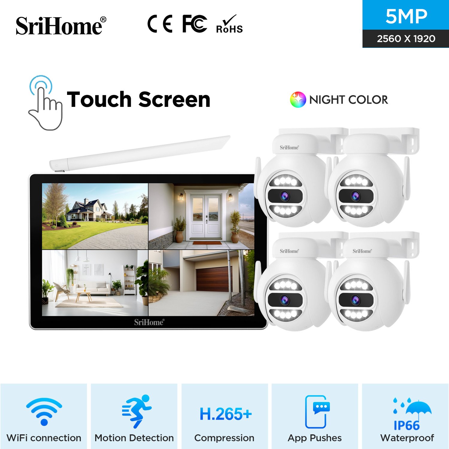 Srihome Wifi Security Camera System 10.1 Inch LCD Screen 4 Channel NVR Kit With LCD Monitor Outdoor CCTV Systems Kit