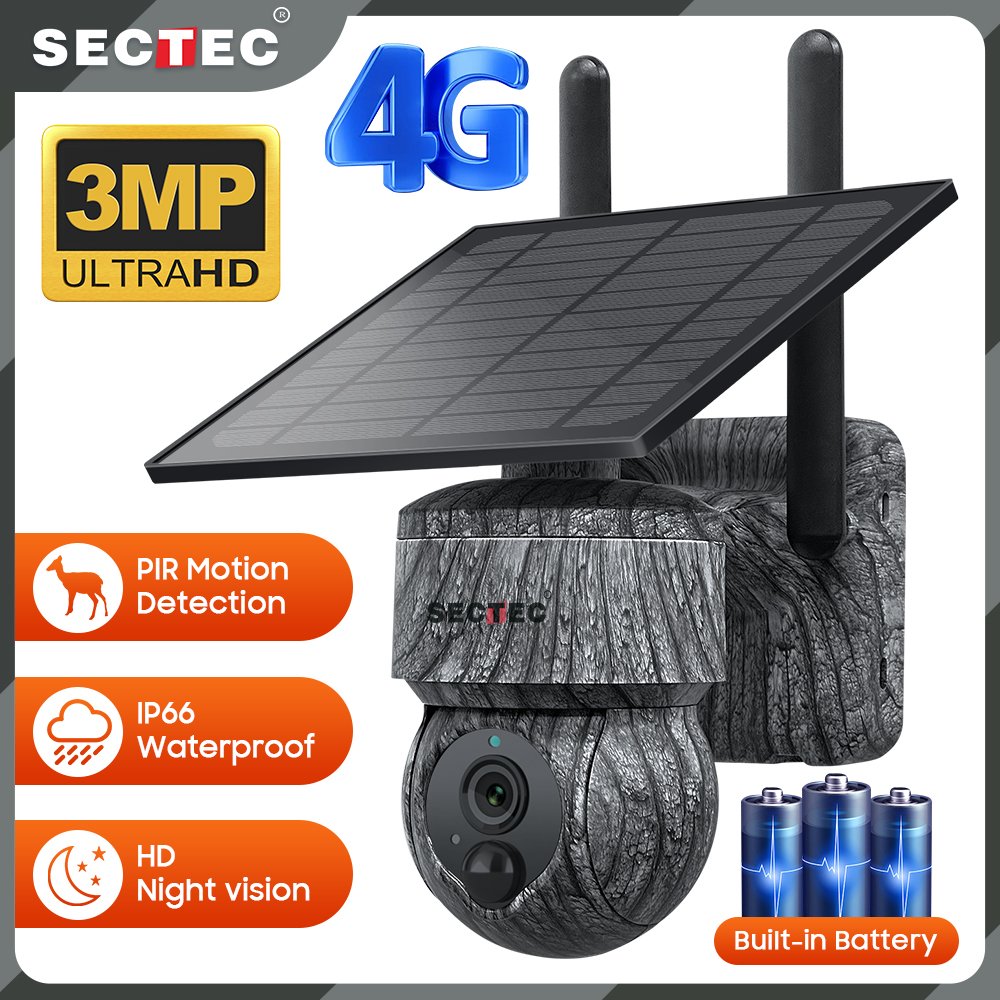 SECTEC GSM 4G Sim Card IP66 Hunting PTZ Solar Powered Battery Security Solar Battery Powered Mini Hunting solar Camera