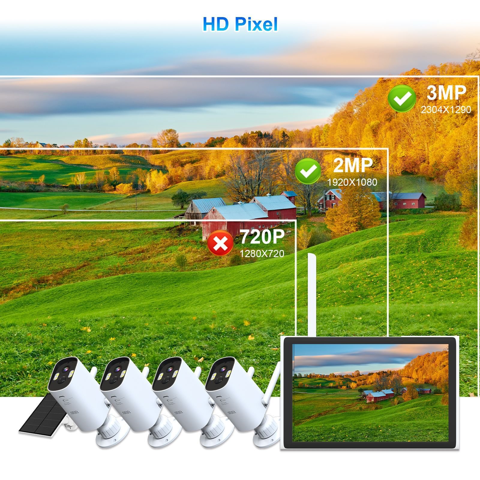 Wireless Solar Camera System Outdoor 4PCS 4MP Battery Powered Cameras 8CH 10"LCD Monitor NVR Kit 2.4G WiFi CCTV Surveillance Set