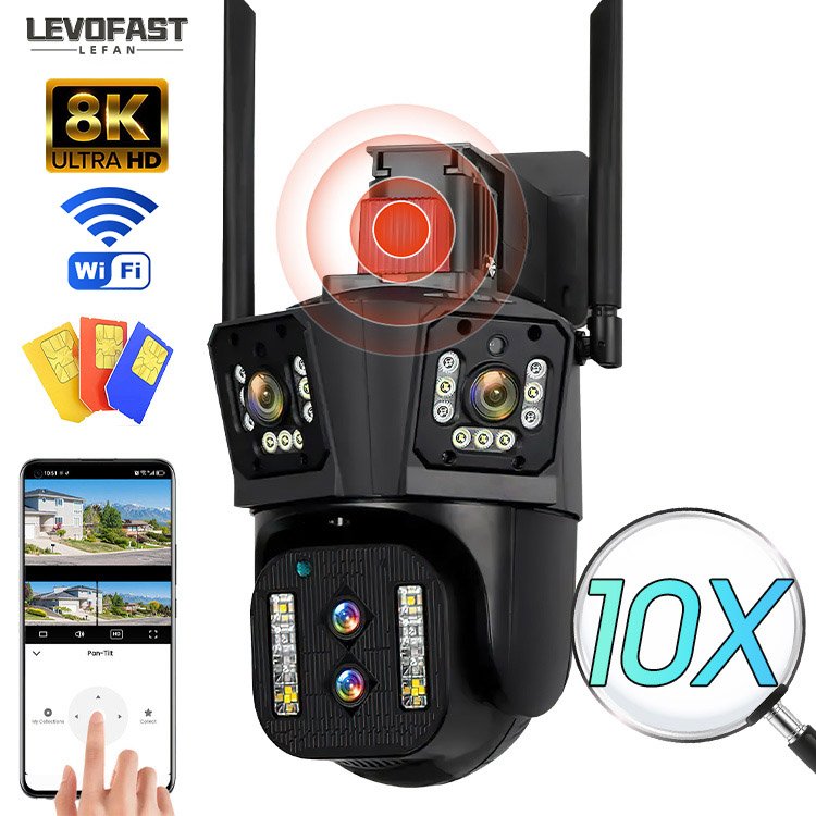 LEVOFAST Outdoor Auto Tracking 4MP waterproof Wireless Security Camera 8K HD 10X Optical Zoom 12MP Four Lens ptz IP CCTV Camera
