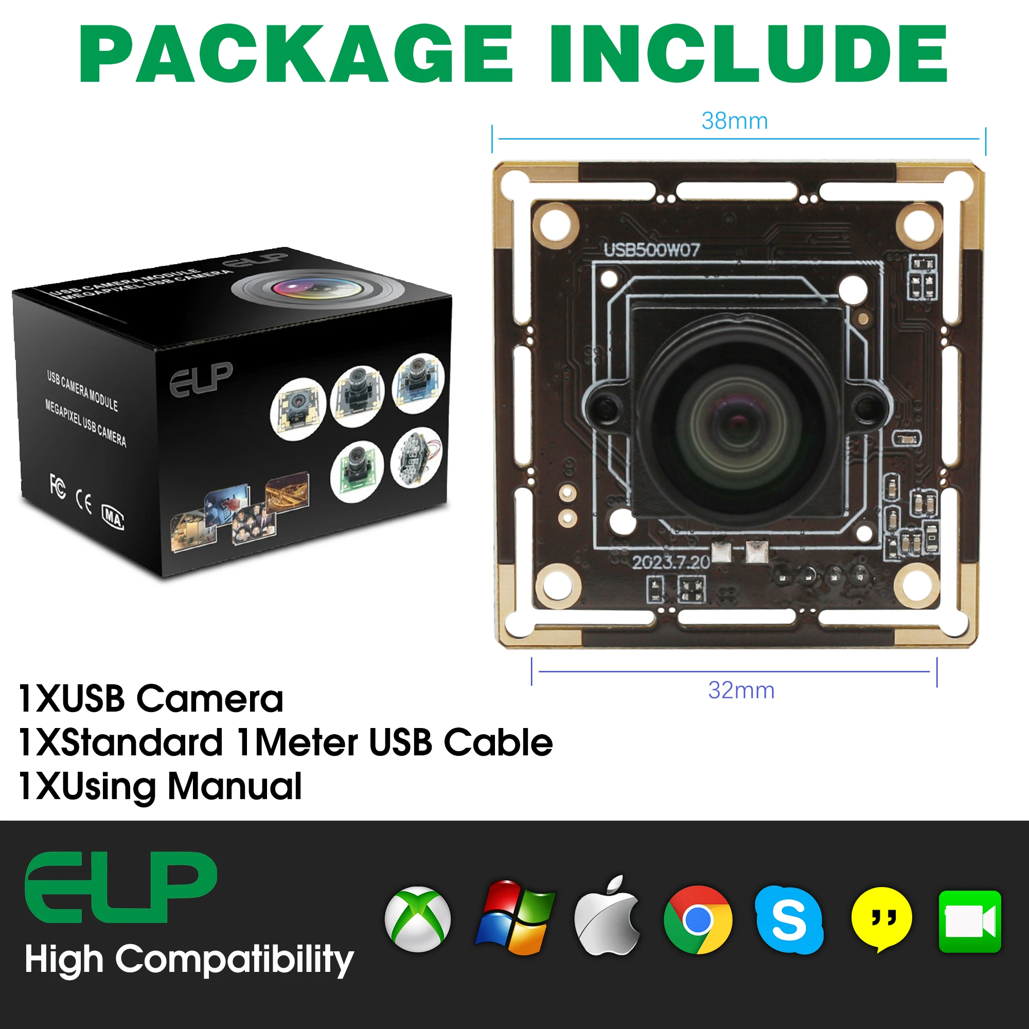 ELP 5MP USB Camera Module No Distortion Lens HD 2592x1944P 30fps IMX335 Camera Module USB For Scanning,Home Surveillance System