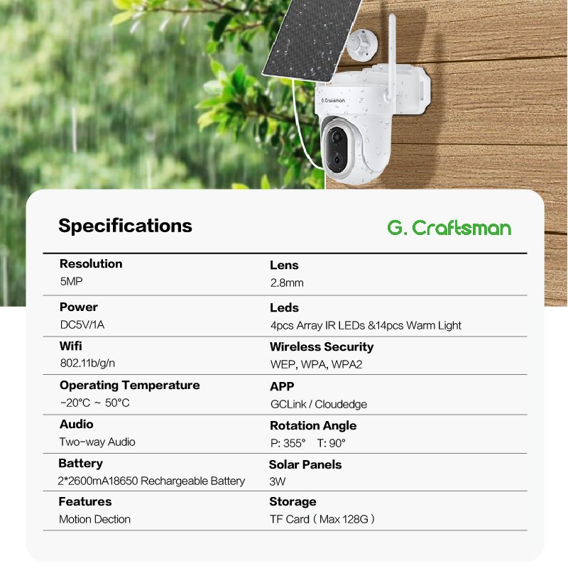 L1(AG) GCraftsman 5MP PIR WiFi Solar Battery Powered Wireless Camera Full Color Night Vision PTZ Security Home Outdoor Alarm